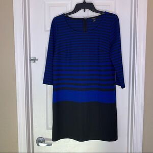 Ann Taylor Petite Medium Long Sleeve Blue Black Striped Shift Dress